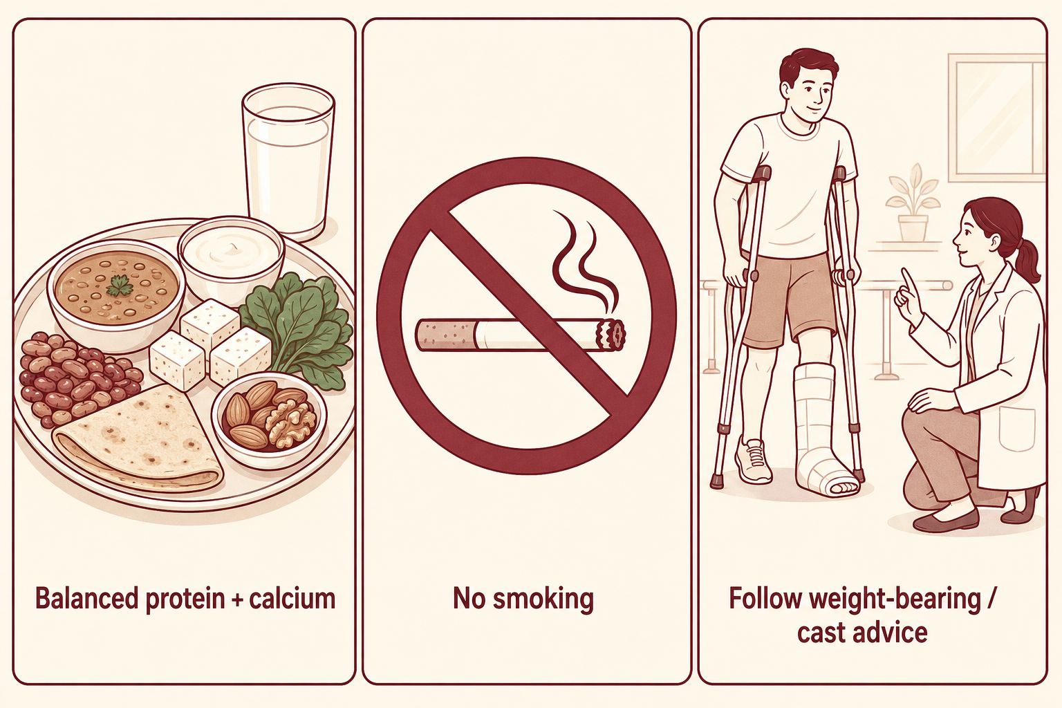 Illustration of factors that support fracture healing: good nutrition, no smoking and following weight-bearing advice.