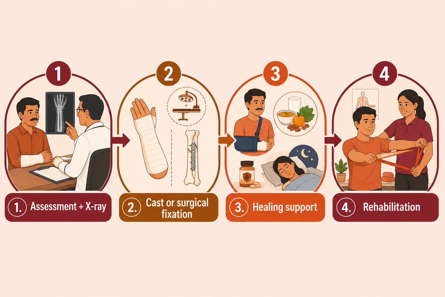 Fracture care pathway: assessment and X-ray, cast or surgical fixation, healing support, and rehabilitation.