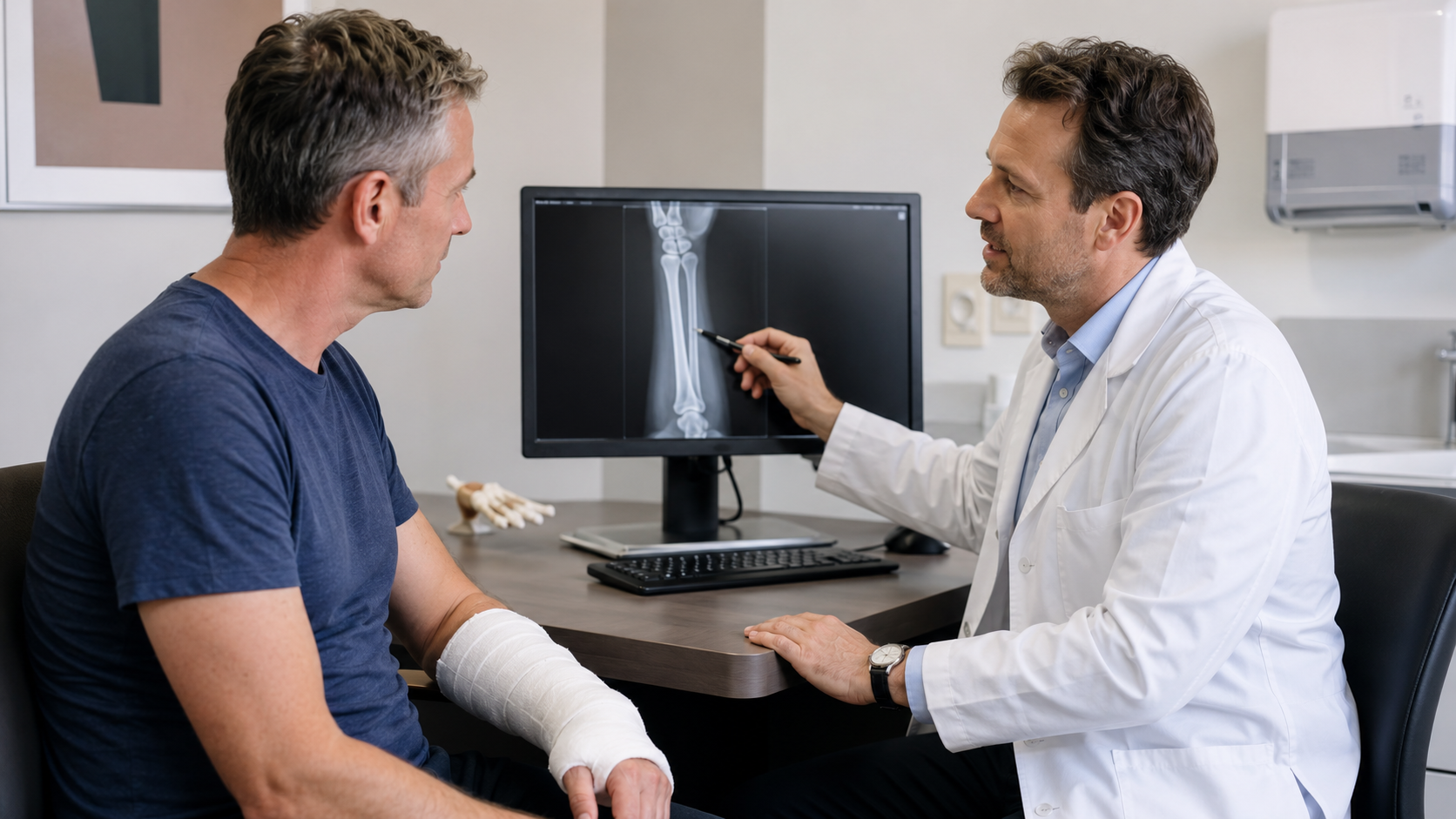A person with a forearm cast being reviewed by a doctor looking at an X-ray.