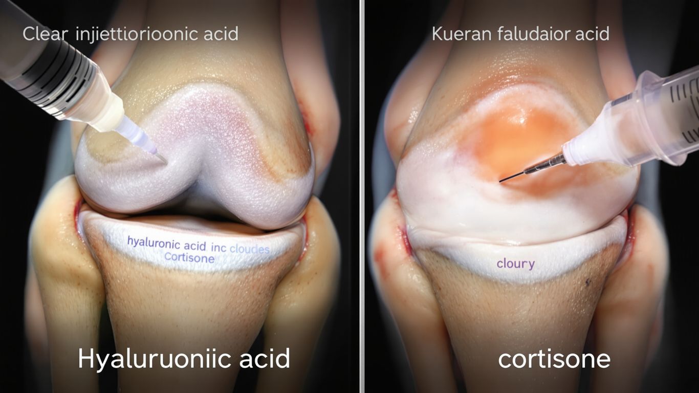 Diagram showing thinned joint fluid in an arthritic knee and viscosupplementation restoring lubrication between the joint surfaces.
