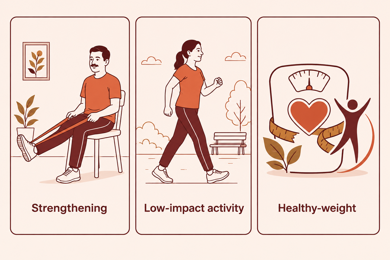 Illustration of durable joint care that reduces reliance on injections: strengthening, low-impact activity and weight management.