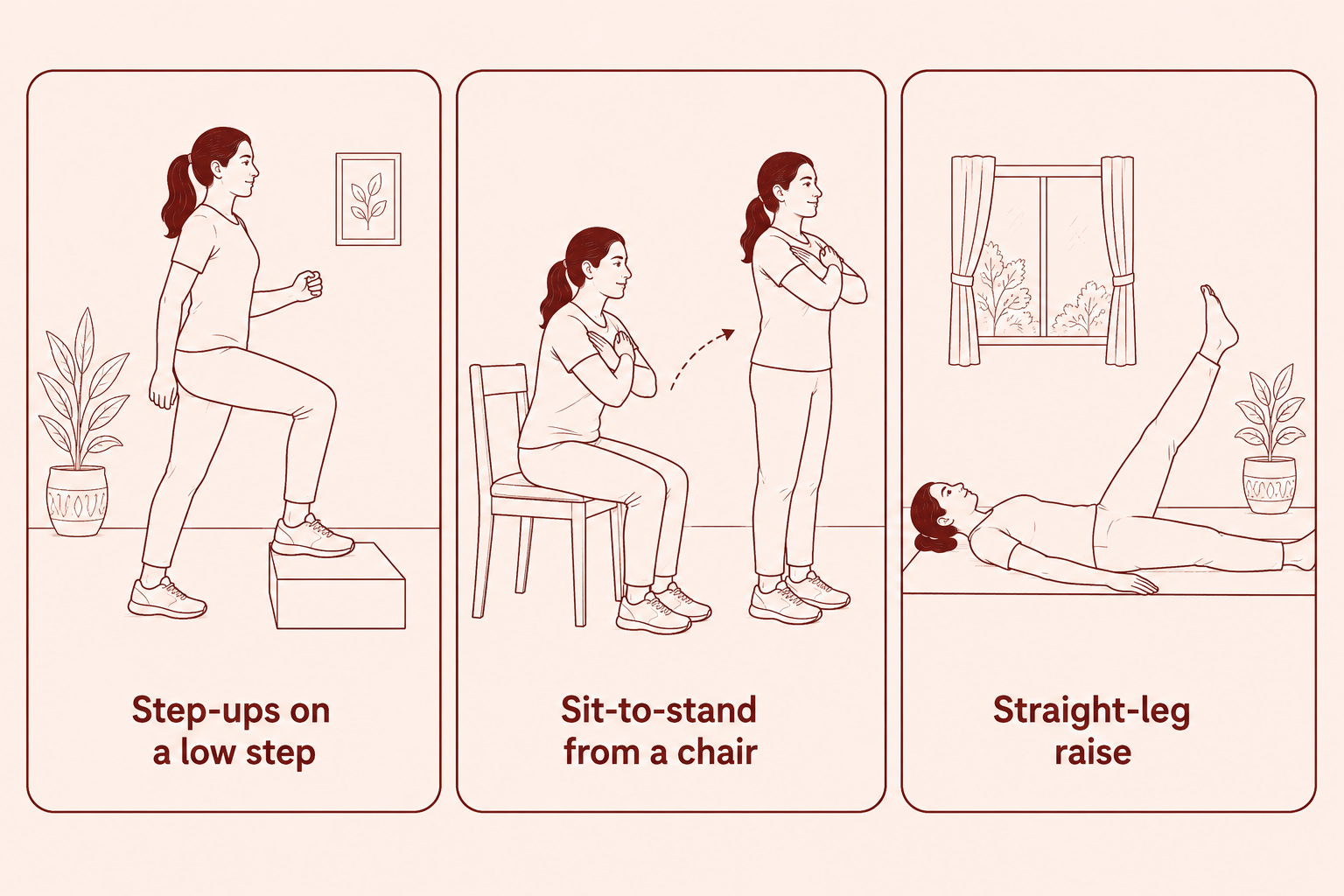 Illustration of three knee-strengthening exercises: step-ups, sit-to-stand and straight-leg raise.