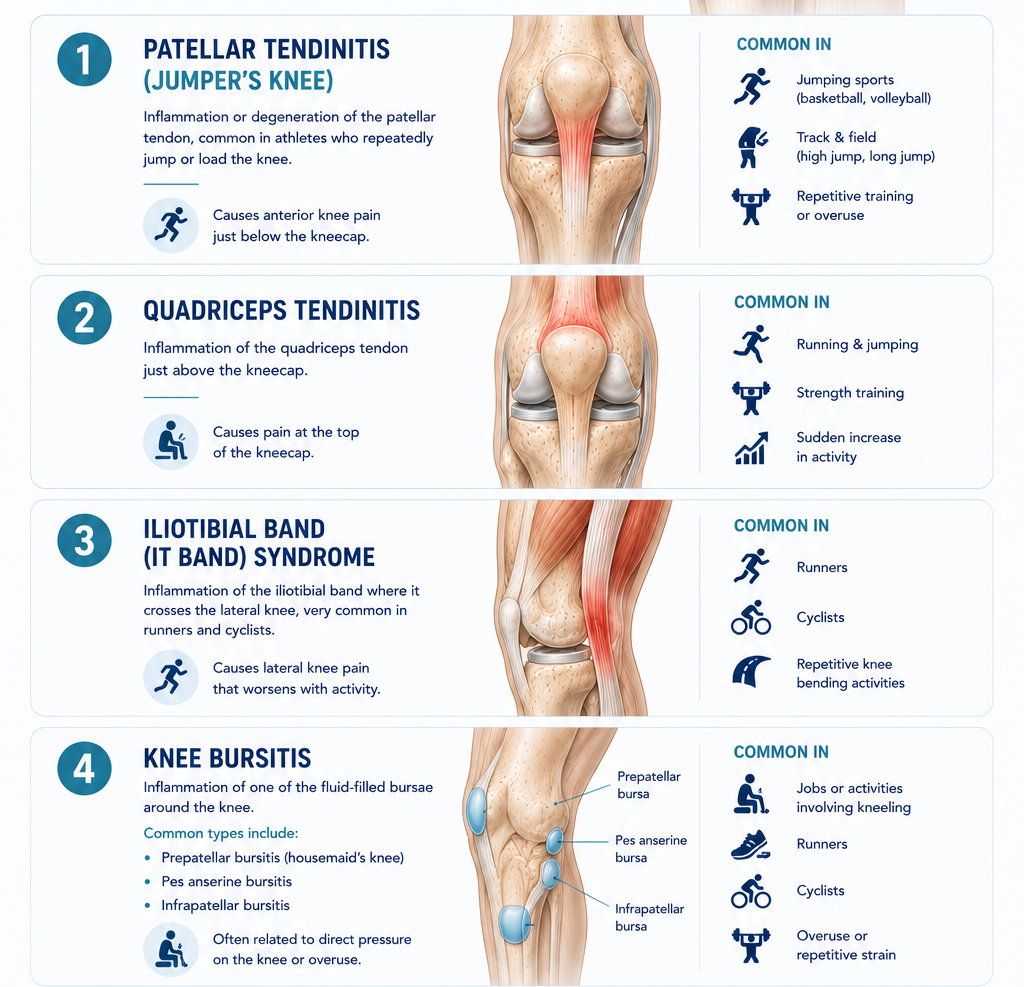 Labelled diagram of the knee joint showing the femur, tibia, patella, ligaments, menisci and common sources of knee pain.