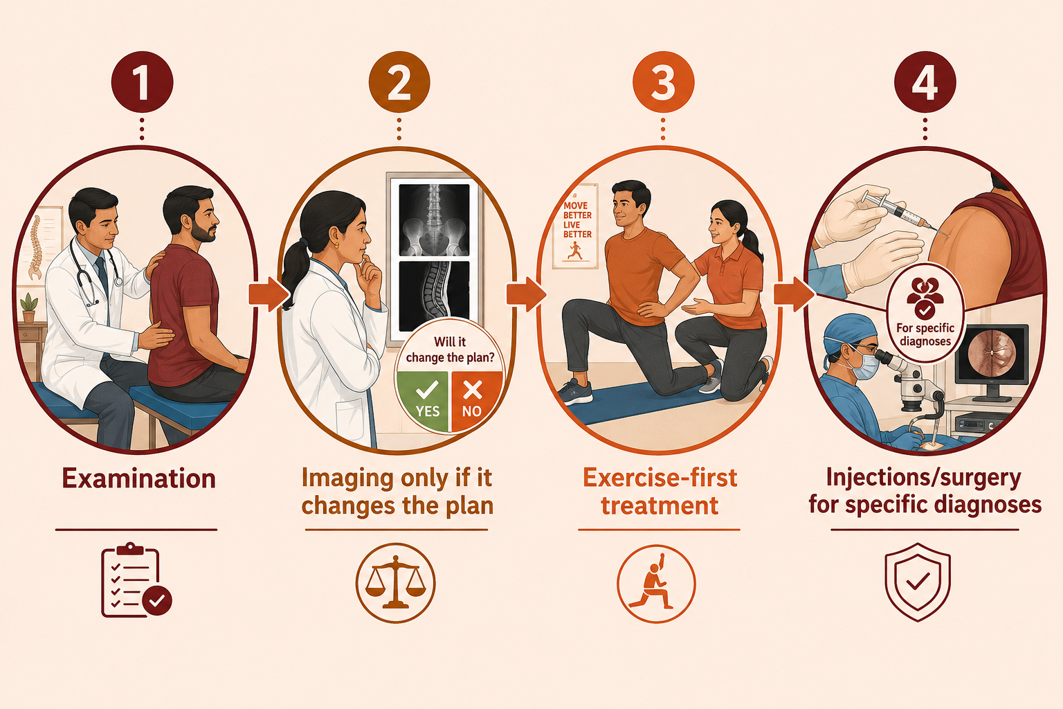 Assessment-to-treatment pathway for knee pain: examination, targeted imaging when needed, exercise-first treatment, then injections or surgery only for specific diagnoses.