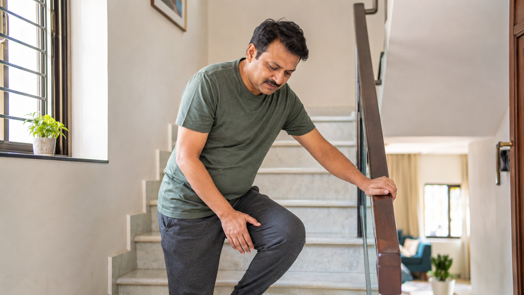An active adult pausing on a staircase and holding their knee, illustrating everyday knee pain.