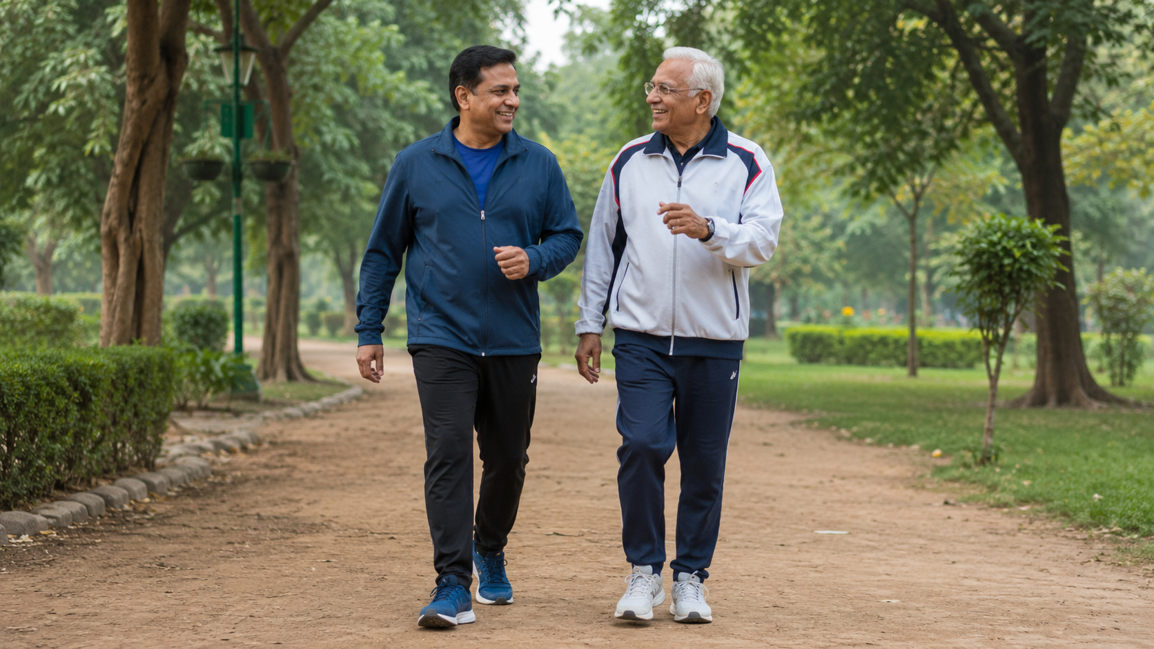 An older adult and a younger adult walking briskly together in a park, illustrating active knee care at every age.
