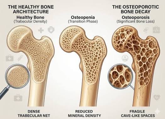 Diagram comparing the internal honeycomb structure of healthy bone with the thinned, porous structure of osteoporotic bone.
