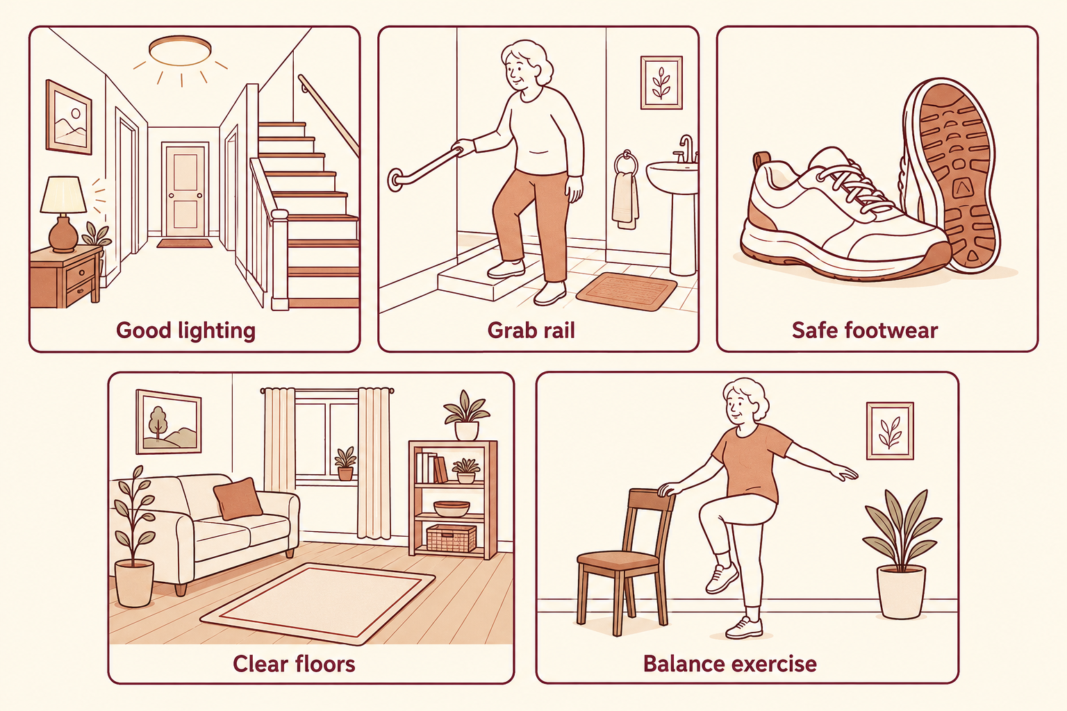 Illustration of fall-prevention and bone-protection measures at home.