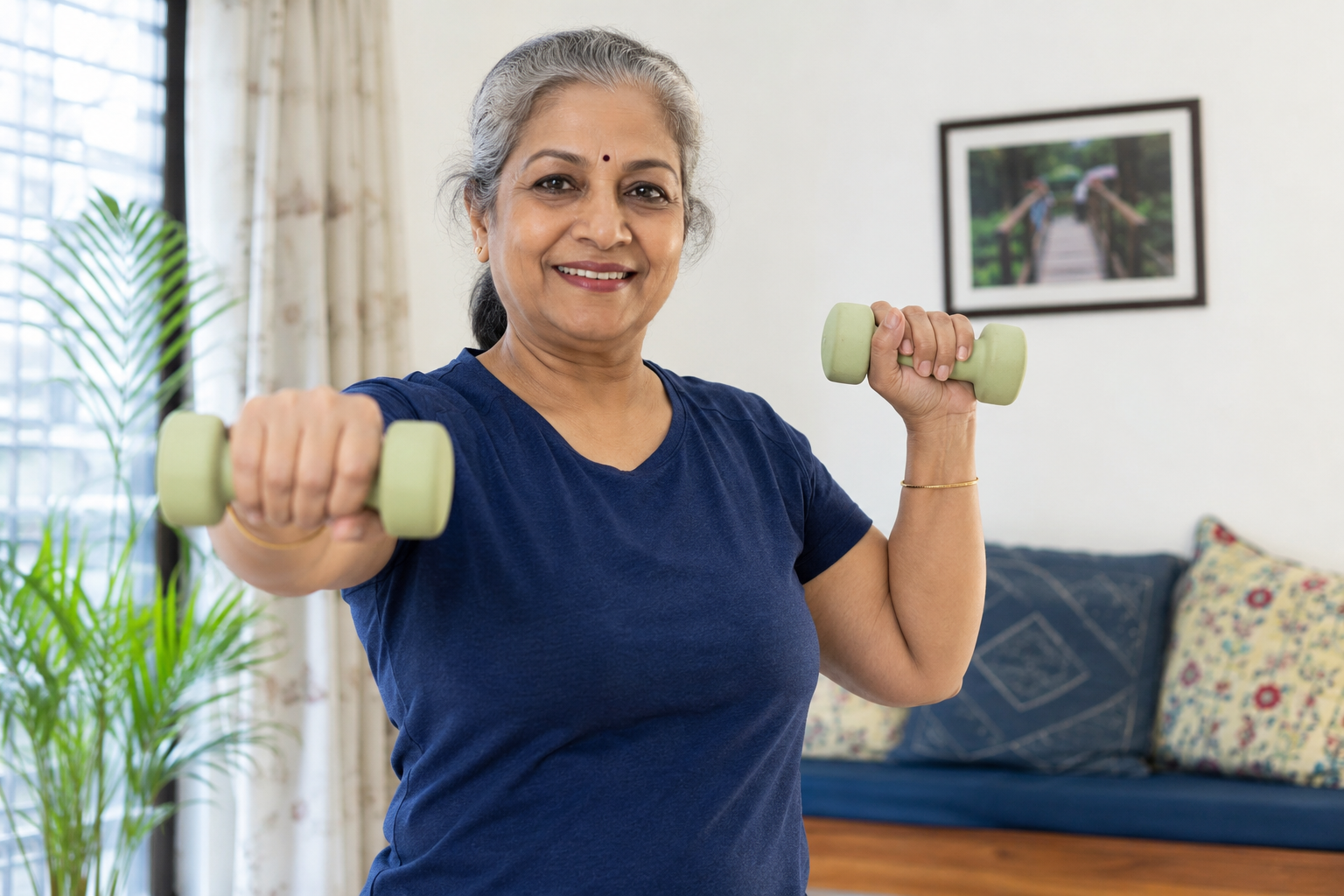 An older woman exercising with light hand weights, illustrating active management of osteoporosis.