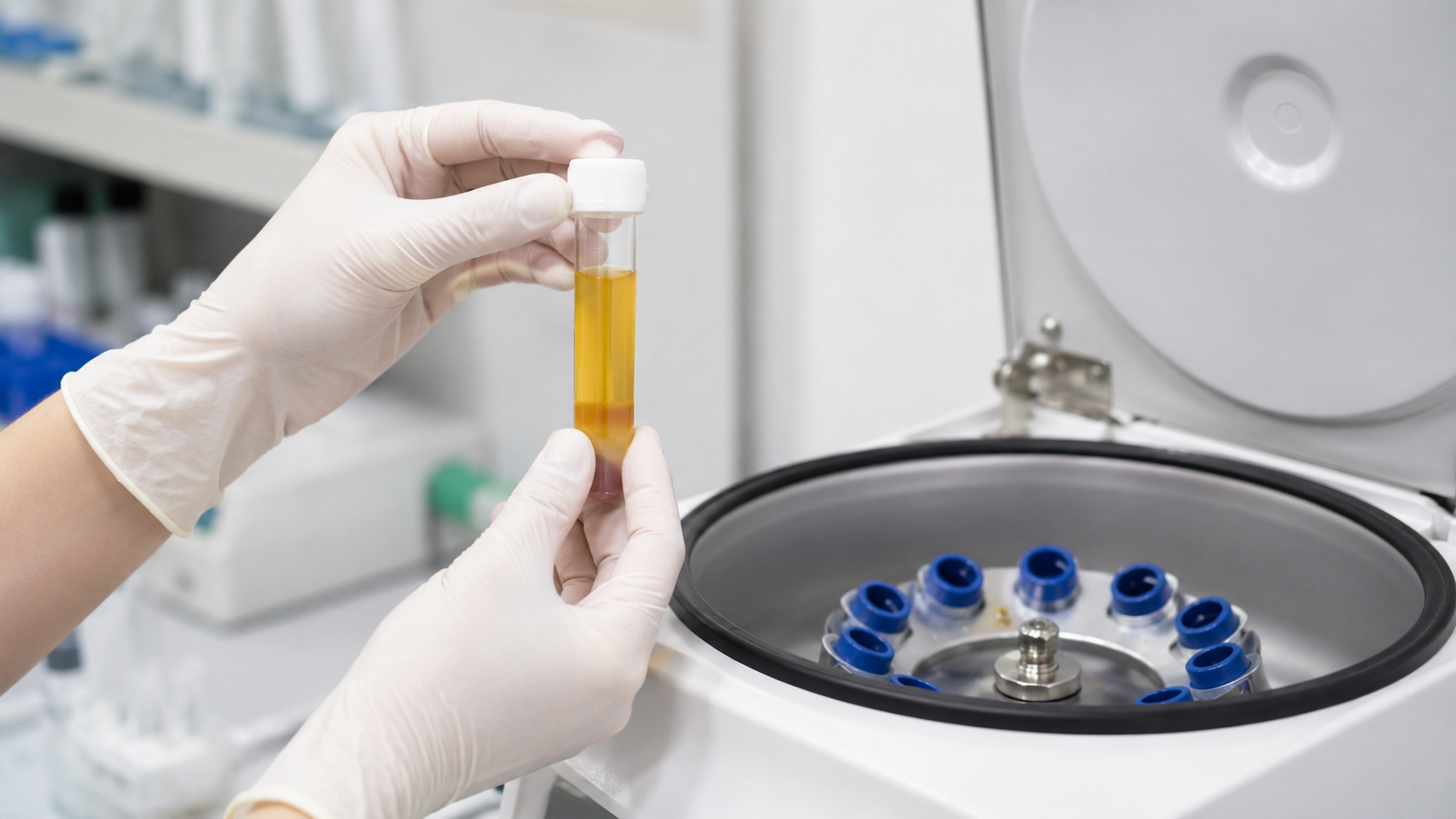 A vial of concentrated platelet-rich plasma being prepared for a joint injection.