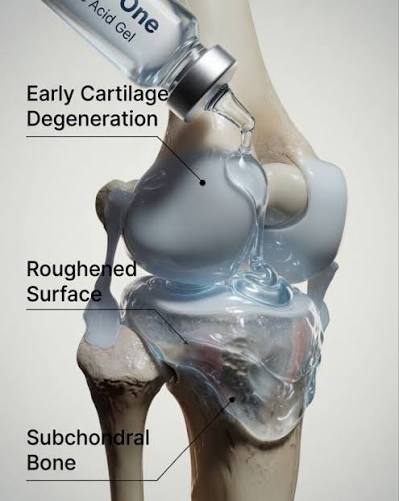 Comparison diagram of how PRP and hyaluronic acid act within an arthritic knee joint.