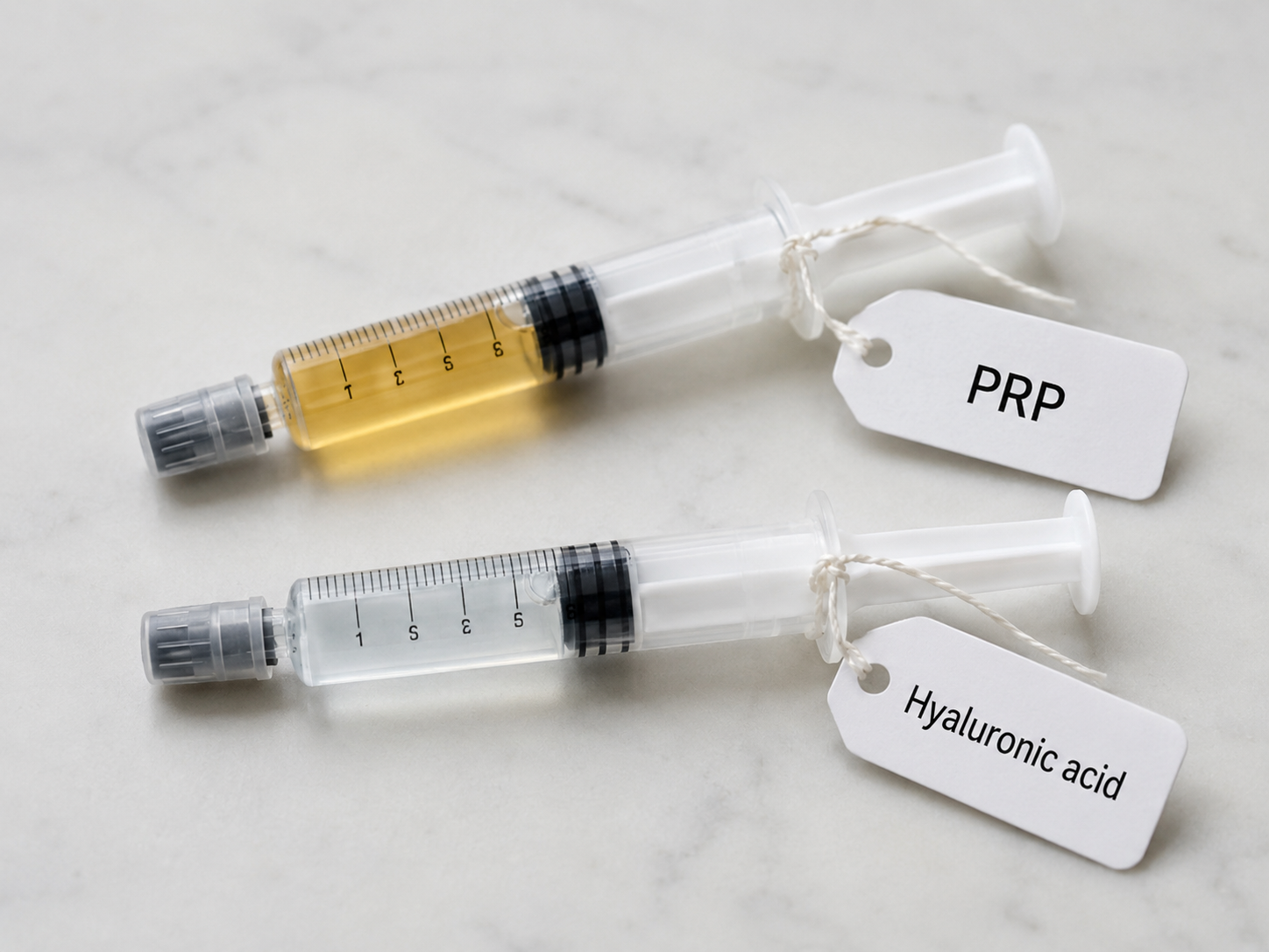 Two labelled syringes side by side representing PRP and hyaluronic acid knee injection options.