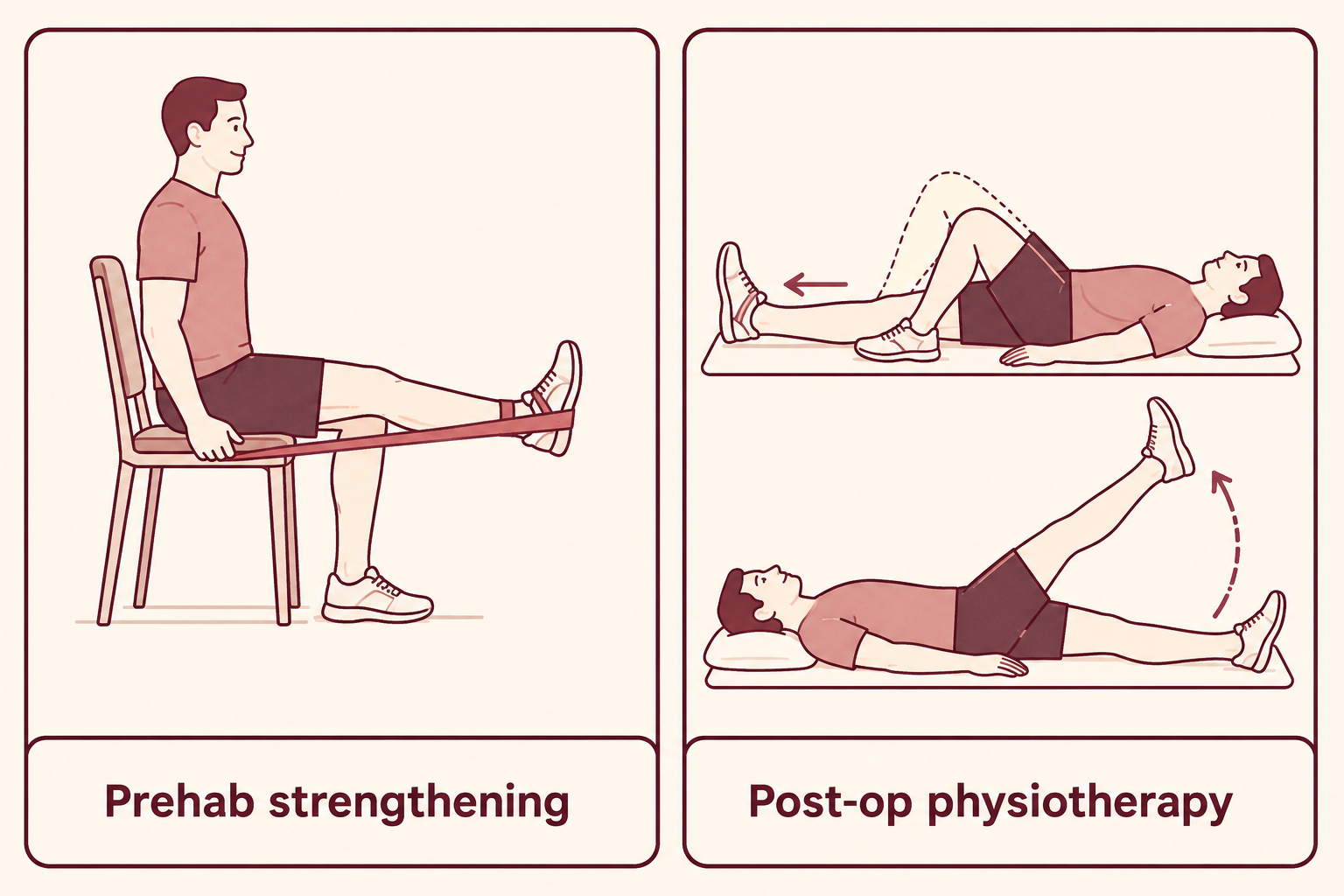 Illustration of prehabilitation and post-operative physiotherapy exercises for knee replacement recovery.