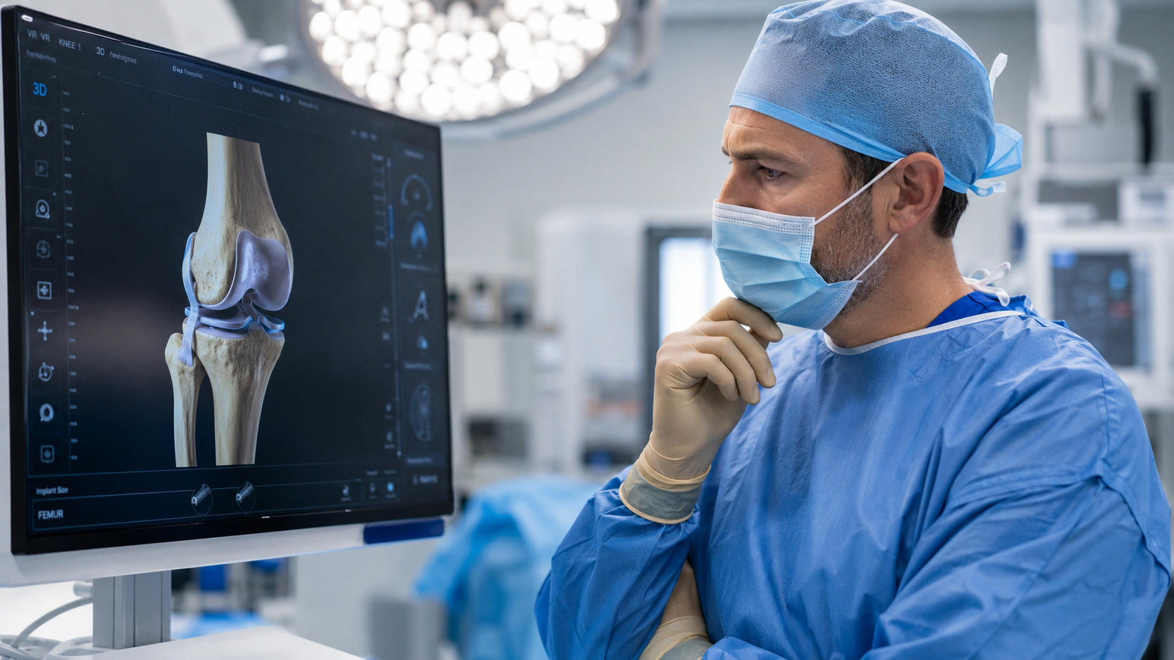 An orthopaedic surgeon reviewing a 3D knee replacement plan on a screen in theatre.