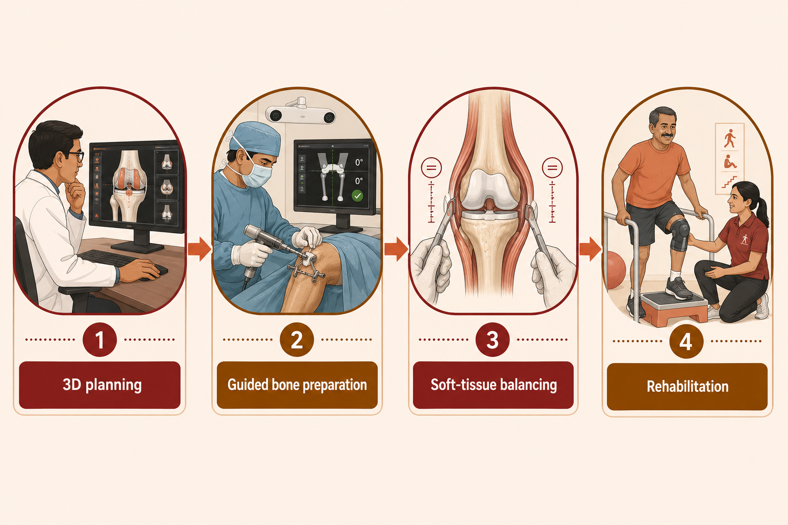 Robotic-assisted knee replacement pathway: 3D planning, guided bone preparation, soft-tissue balancing, then structured rehabilitation.