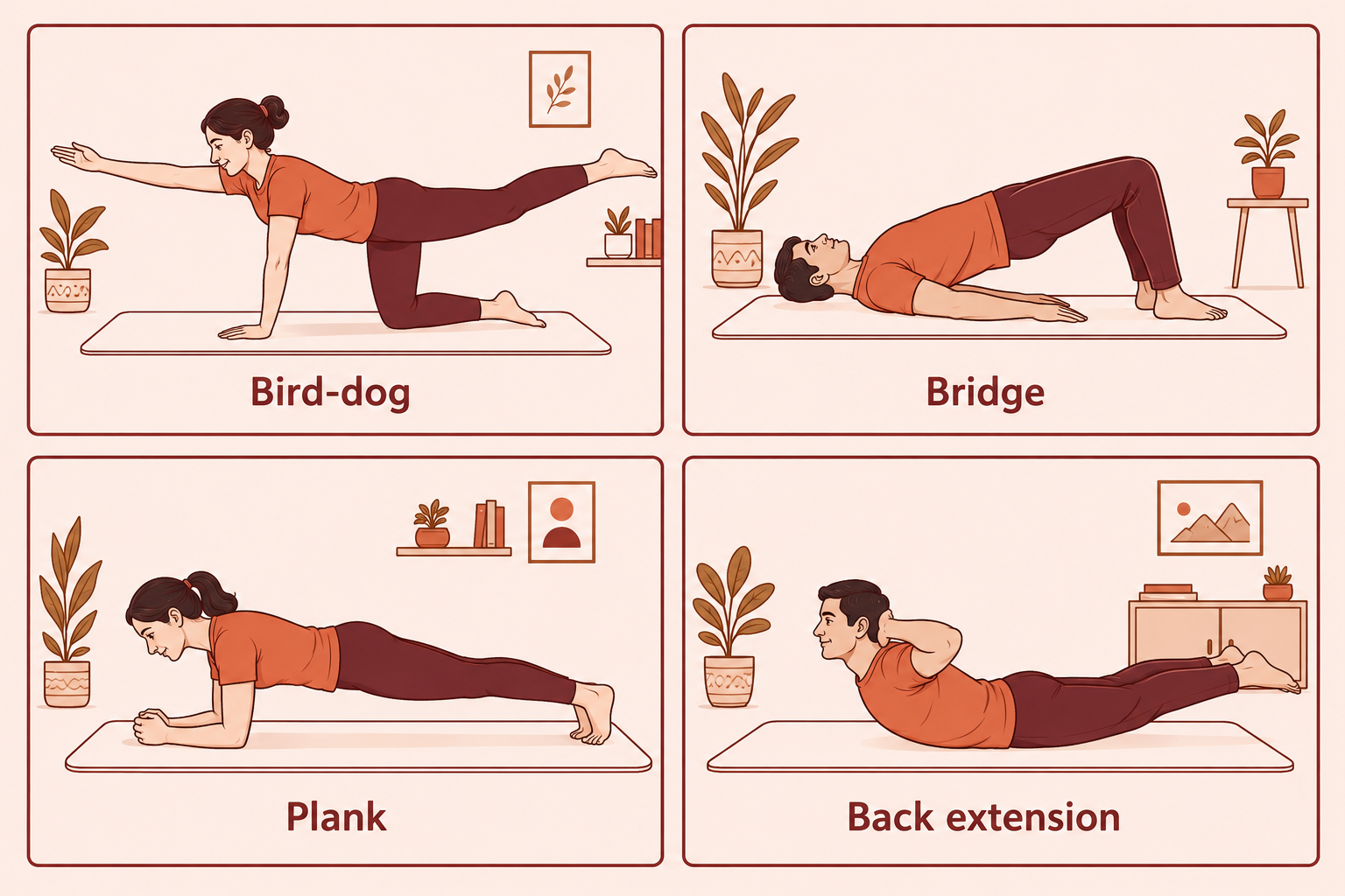 Illustration of core and back exercises: bird-dog, bridge, plank and back extension.