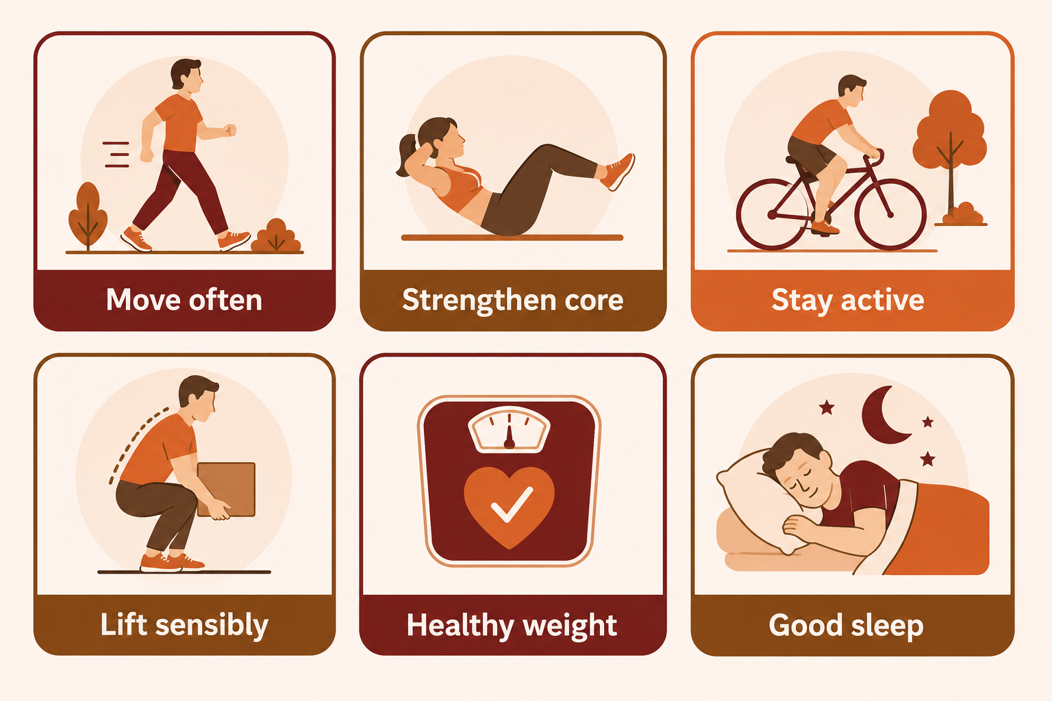 The pillars of spine health: move often, strengthen the core, stay active, lift sensibly, healthy weight and good sleep.
