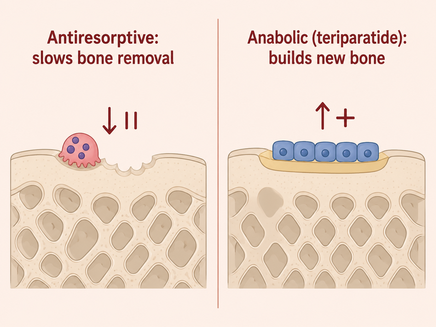 Diagram contrasting antiresorptive medicines that slow bone loss with anabolic medicines like teriparatide that build new bone.