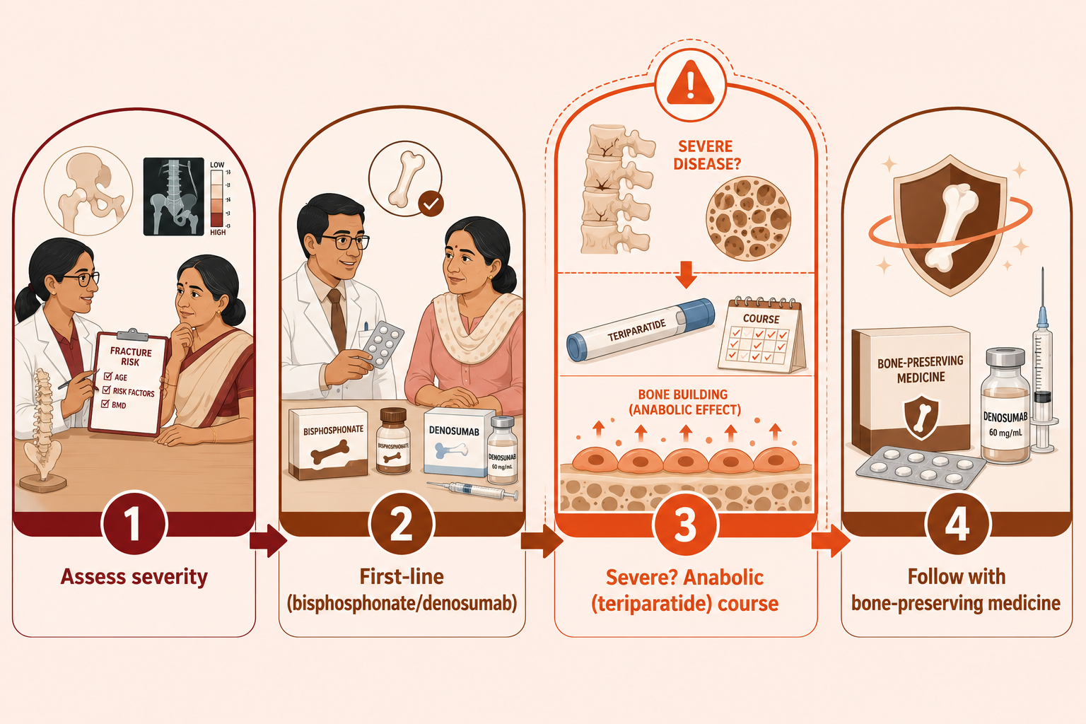 Osteoporosis medicine decision pathway from first-line options to anabolic therapy for severe disease, followed by a bone-preserving medicine.