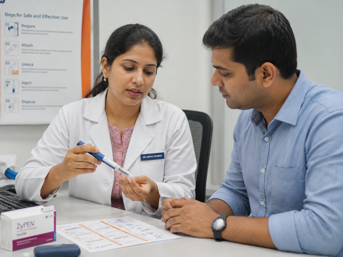 A person being shown how to use an injection pen device by a clinician.