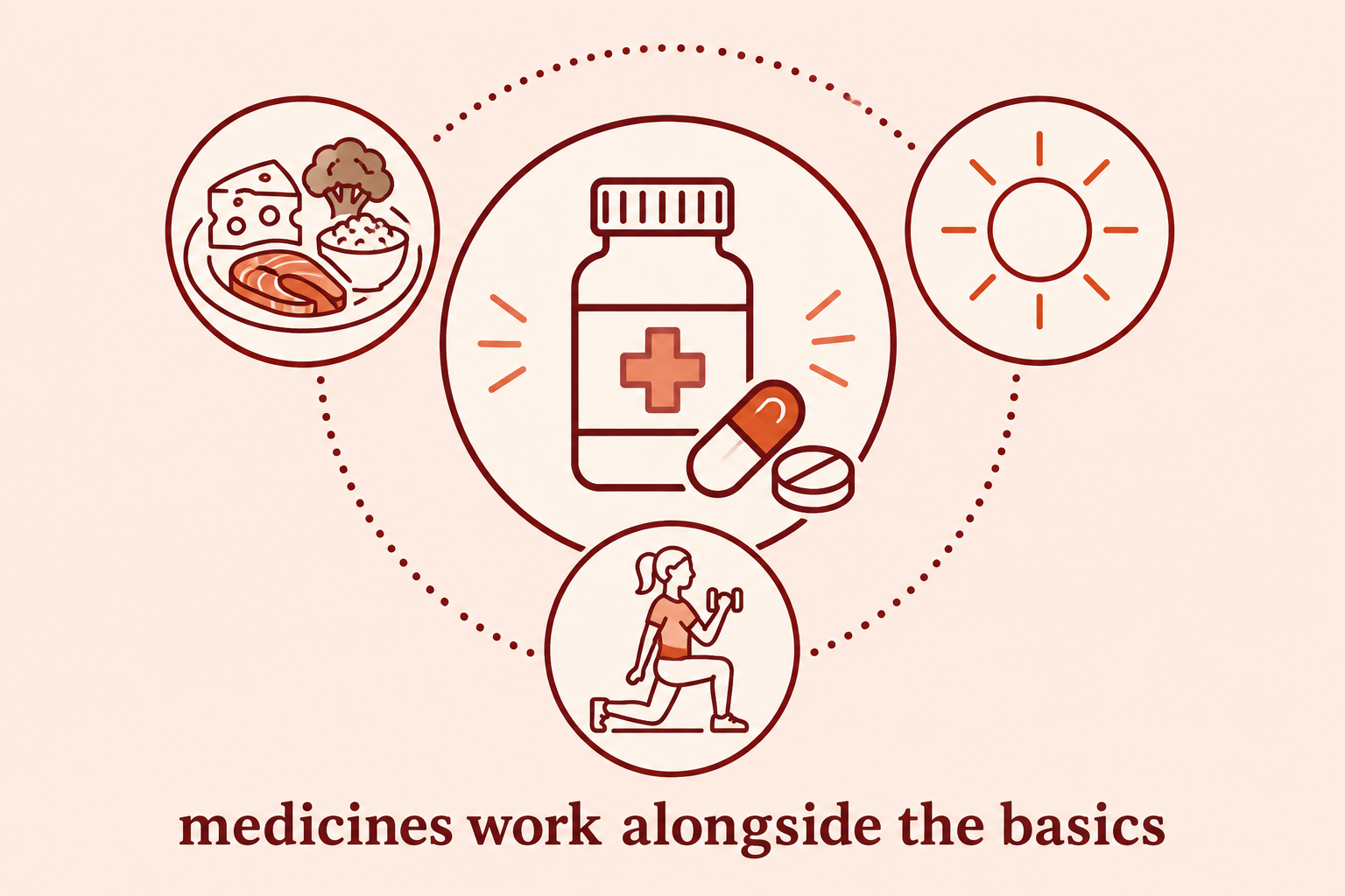 Illustration showing that medicines work alongside calcium, protein, vitamin D and exercise.