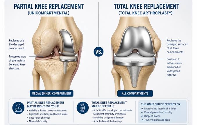 Diagram comparing a knee with advanced arthritis and a knee after total replacement, showing resurfaced joint components.