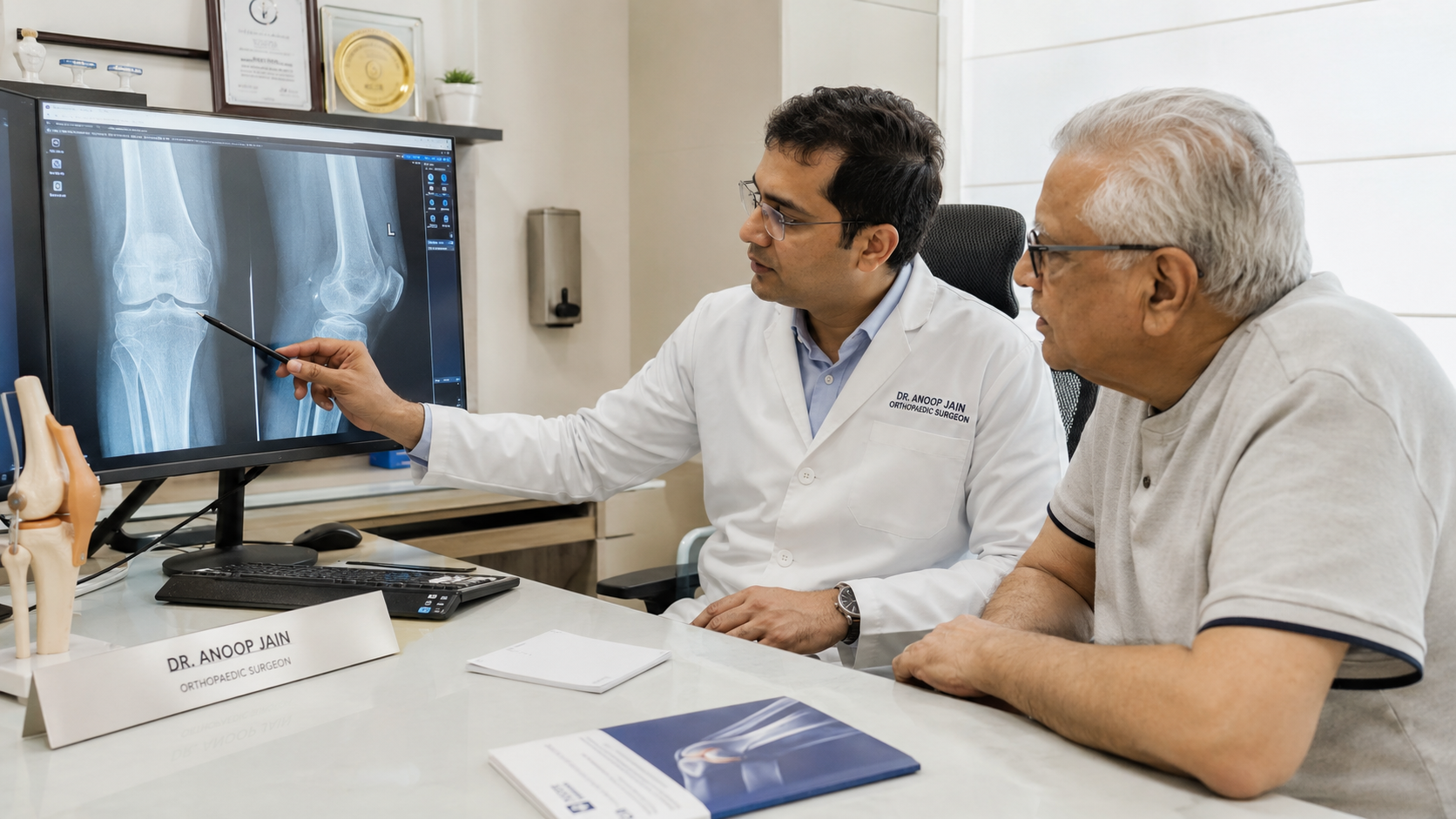 An older adult discussing a knee X-ray with a surgeon, illustrating a shared decision about knee replacement.