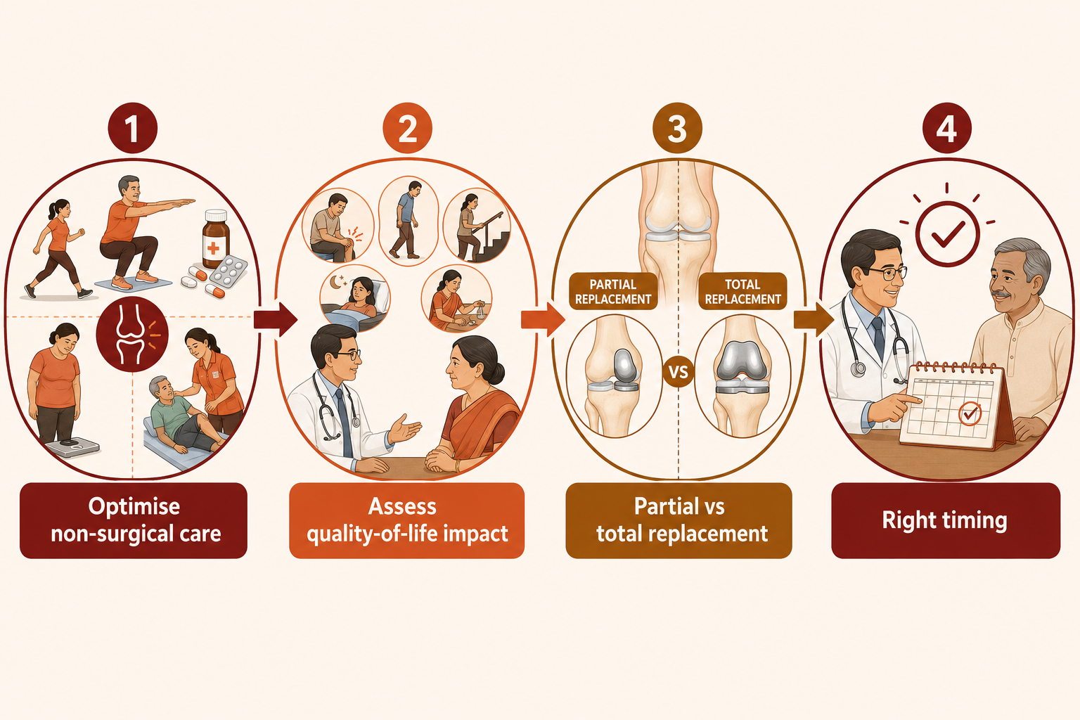 Decision pathway for knee replacement: optimise non-surgical care, weigh quality-of-life impact, then choose partial or total replacement with appropriate timing.