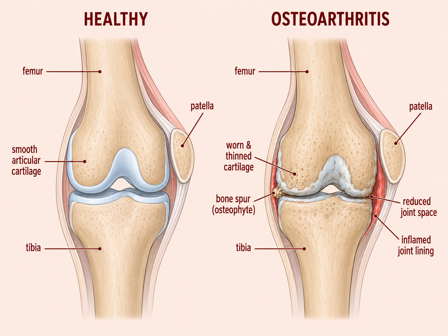 Diagram comparing a healthy knee joint with a knee affected by osteoarthritis, showing worn cartilage, reduced joint space and bone spurs.