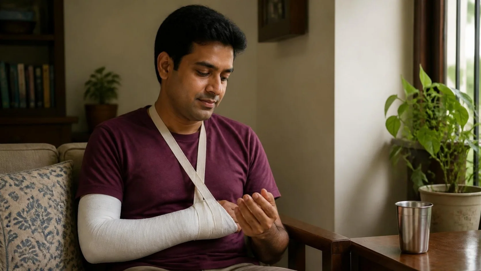 A man at home with his forearm in a plaster cast and sling, gently moving his fingers.