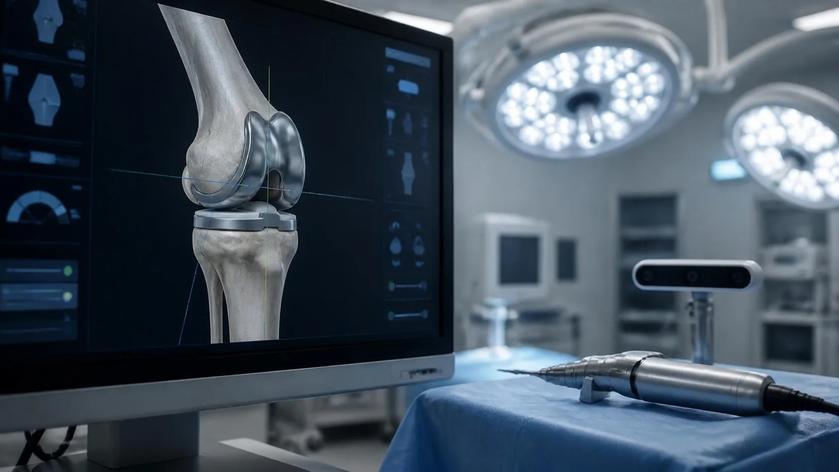 A 3D plan of a knee replacement on a screen in an operating theatre, beside a robotic surgical instrument.