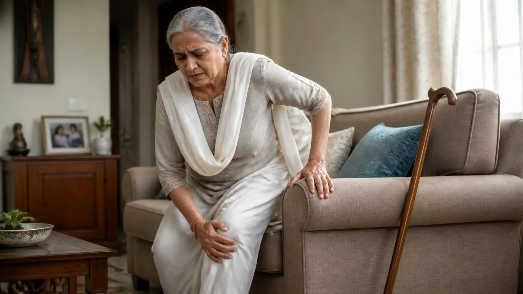An older woman holding her painful knee as she gets up from a sofa, with a walking stick beside her.