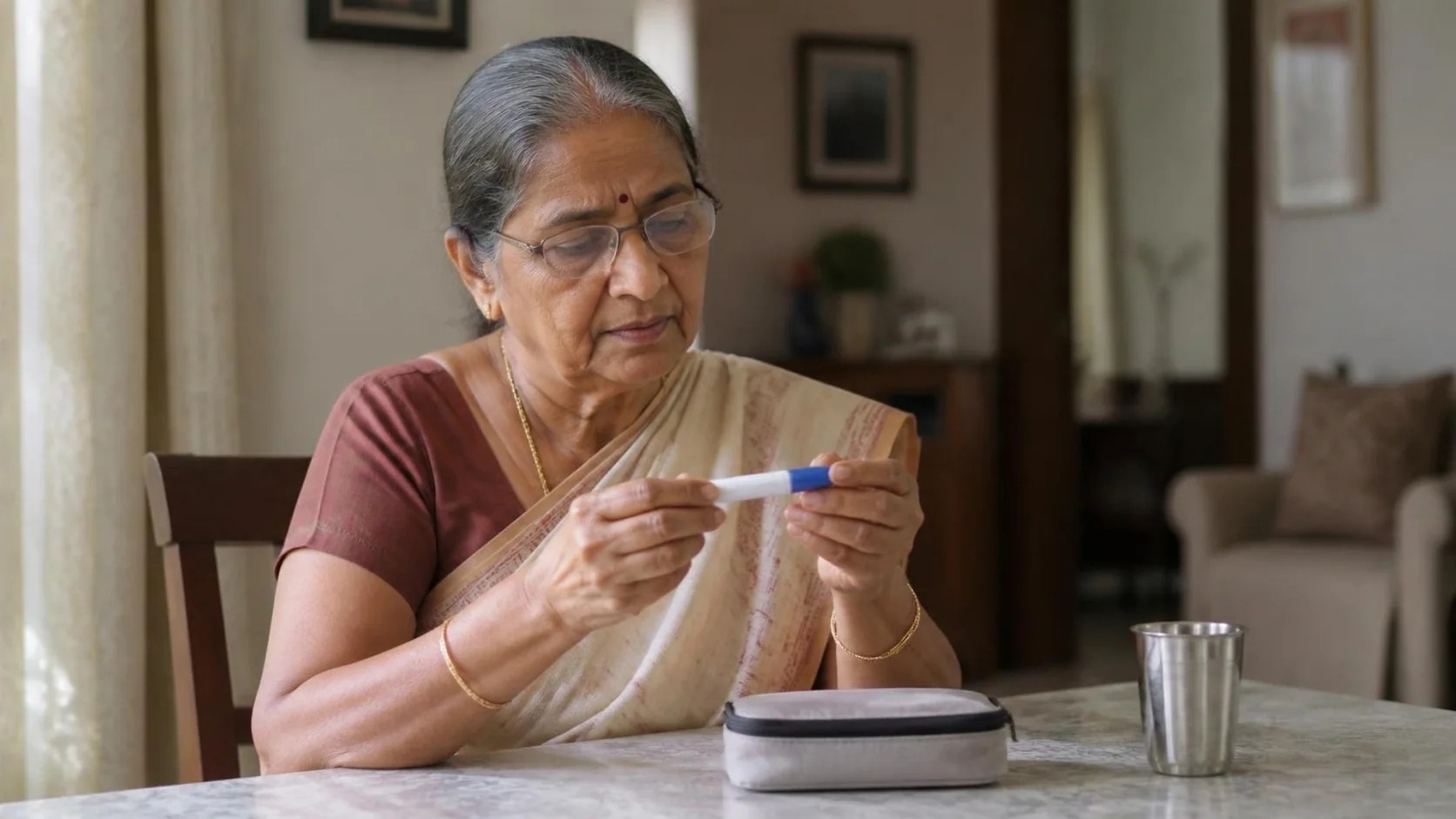 An older woman at home looking carefully at an injection pen.