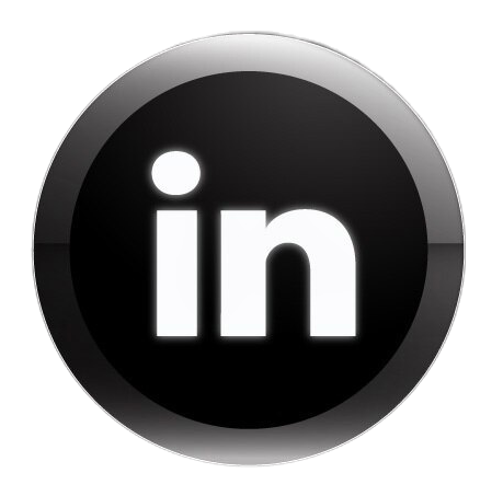 LinkedIn logo with white 'in' letters inside a black circular button.