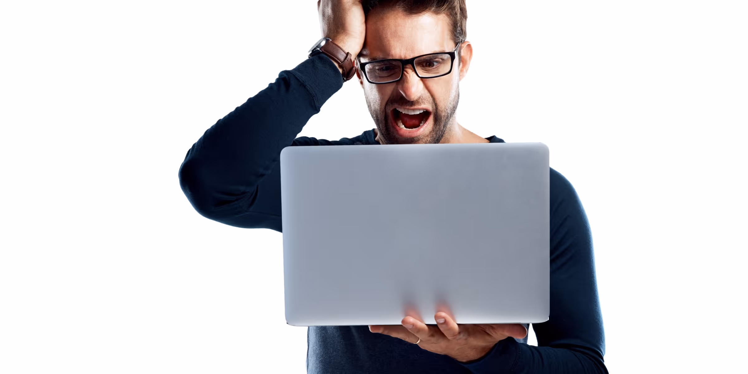 frustrated trader reacting to bad trading advice on a laptop