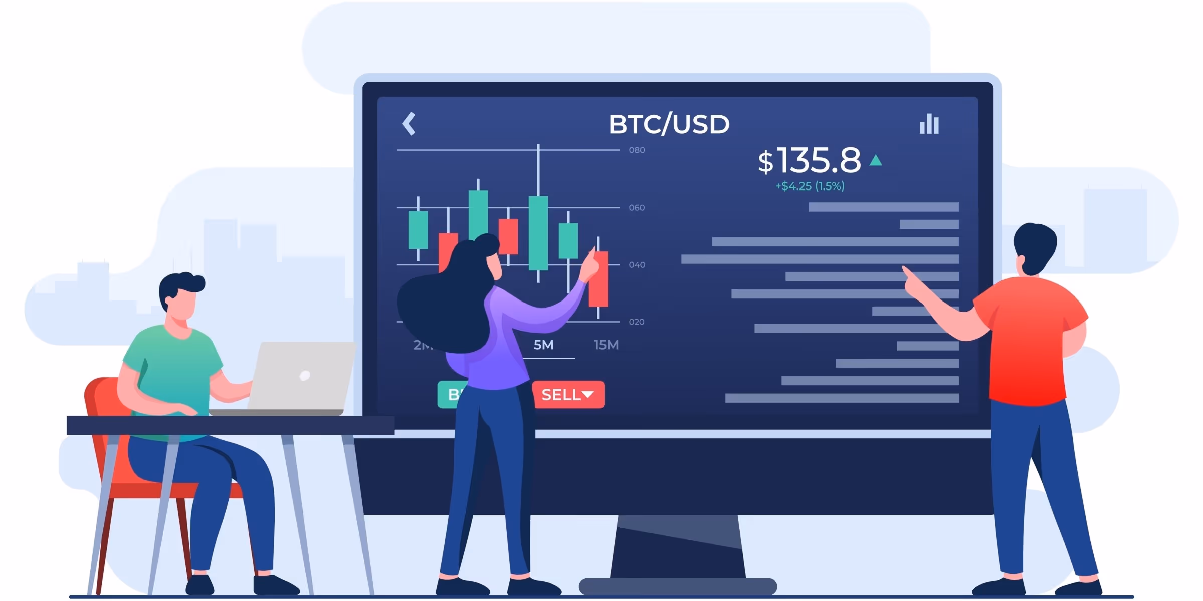 illustration of traders studying a price chart on a trading platform using technical analysis