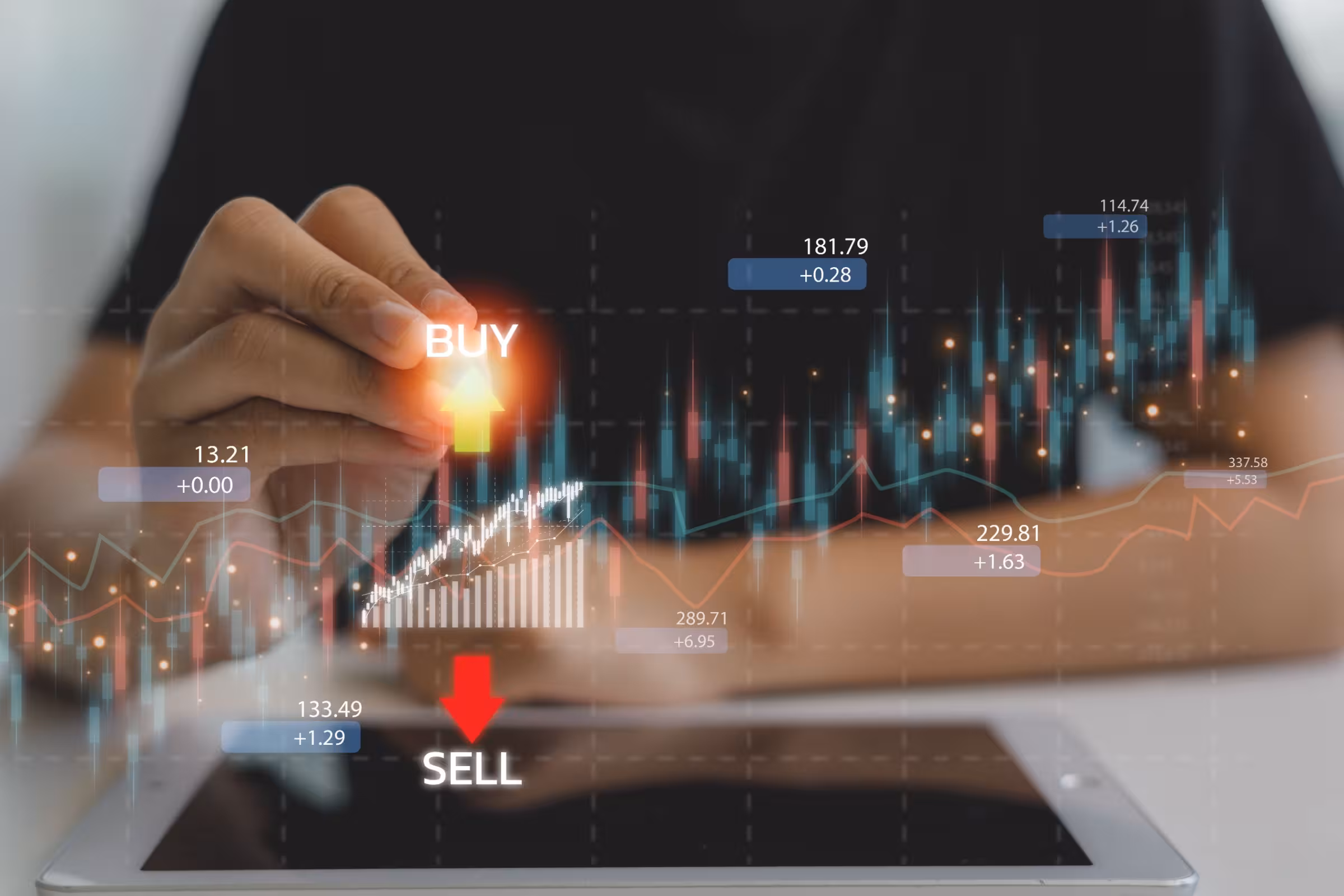 Trader analyzing buy and sell signals on a stock market chart to identify potential trading opportunities.