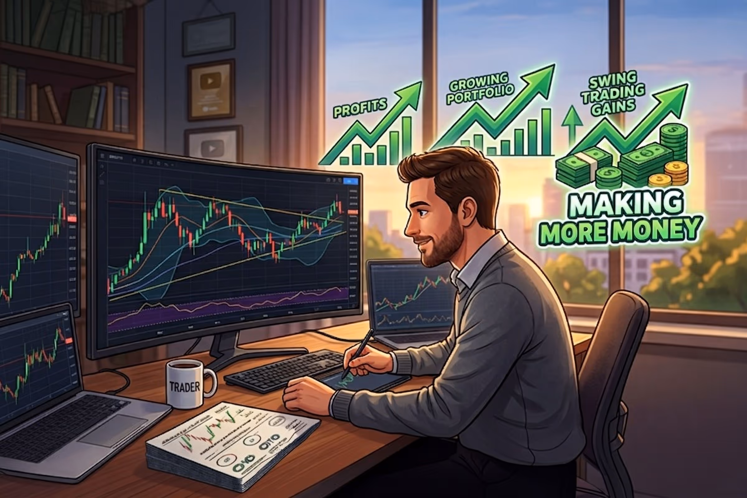 Swing trader analyzing stock charts to capture larger price movements while avoiding the constant stress and rapid pace of intraday trading.