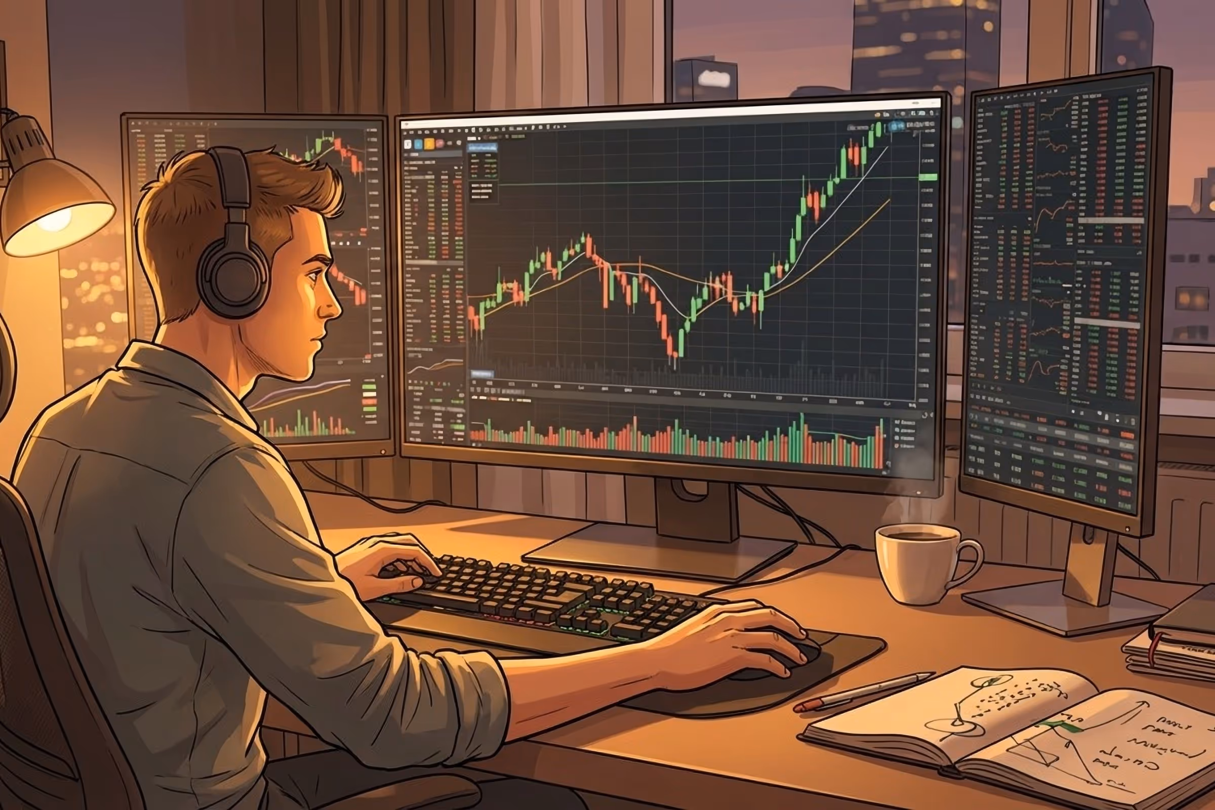 Active trader analyzing stock charts on multiple screens while monitoring market data.