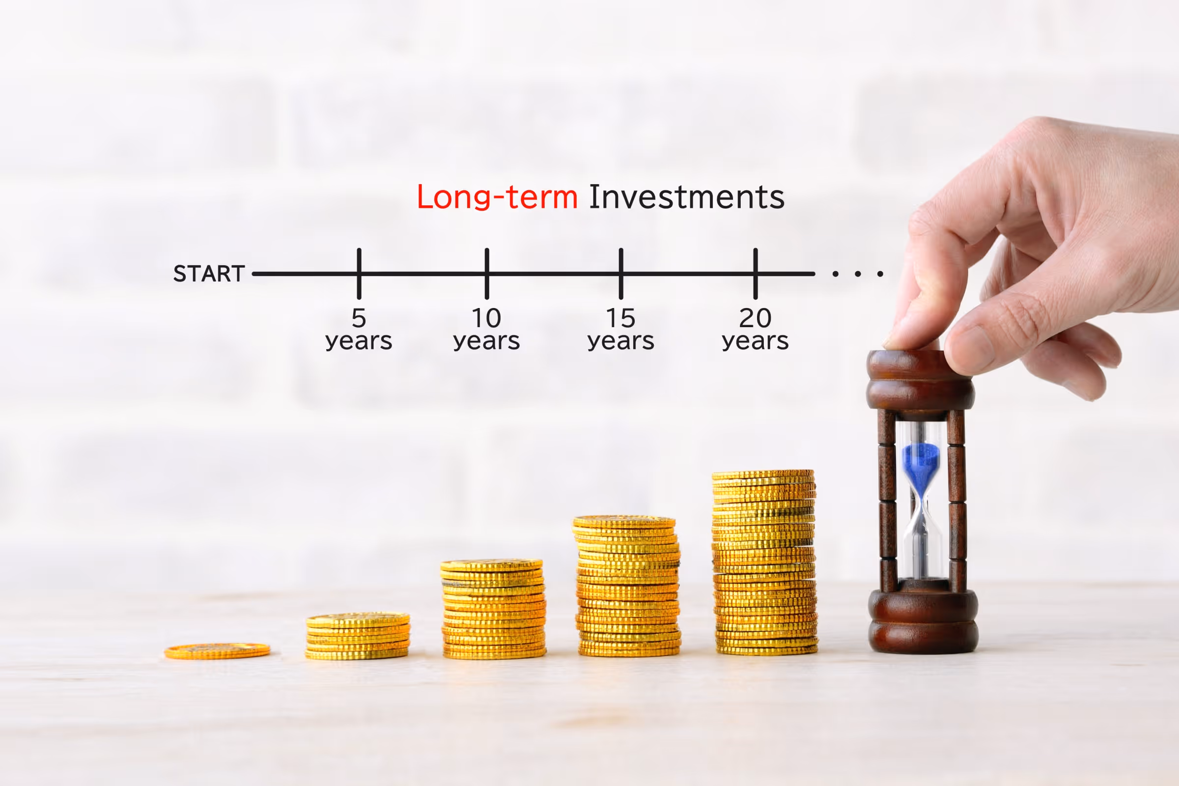 Concept of long-term investing showing stacked coins increasing over time with an hourglass, representing patience, compounding growth, and financial progress.