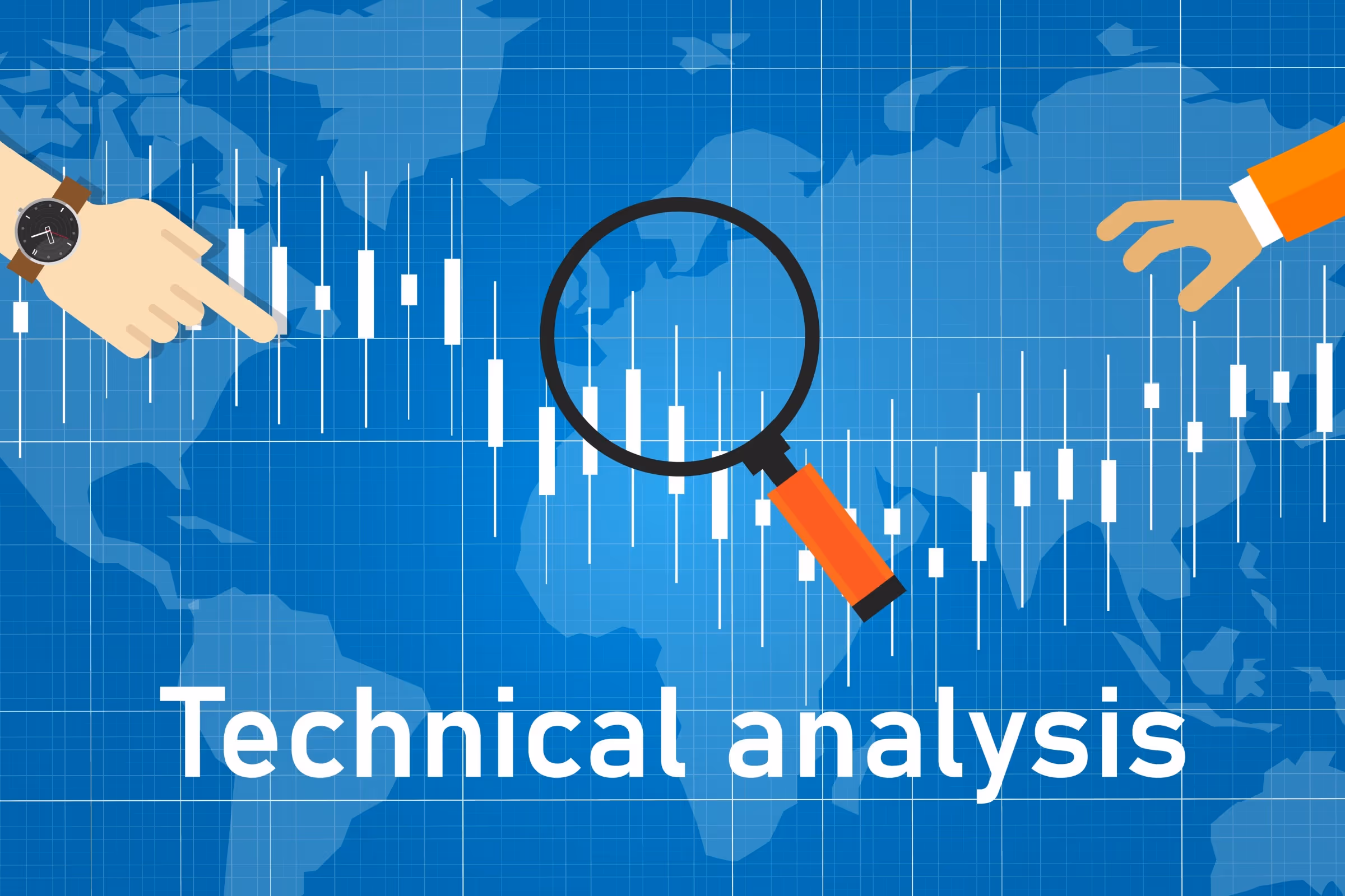 Technical analysis illustration showing candlestick charts, market trends, and price movement patterns used by traders to analyze financial markets.