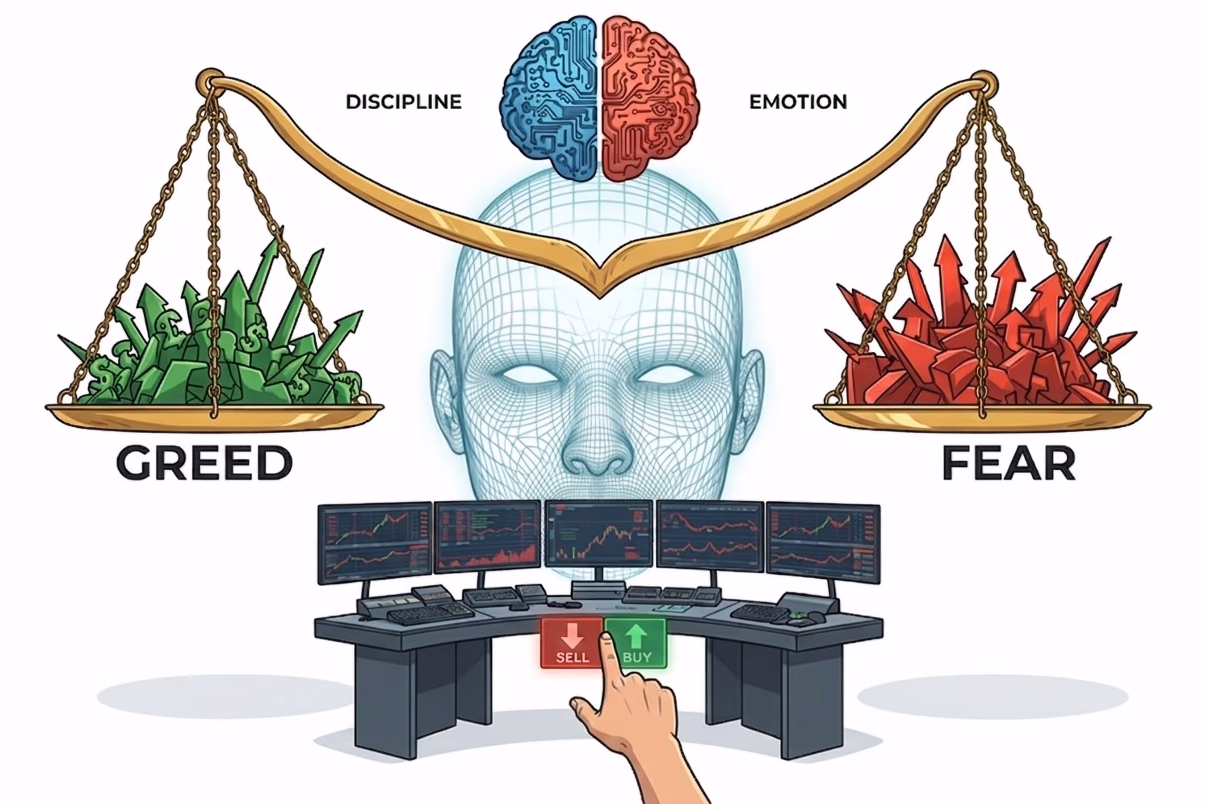 Trading psychology concept showing greed vs fear and the role of discipline and emotions in trading decisions