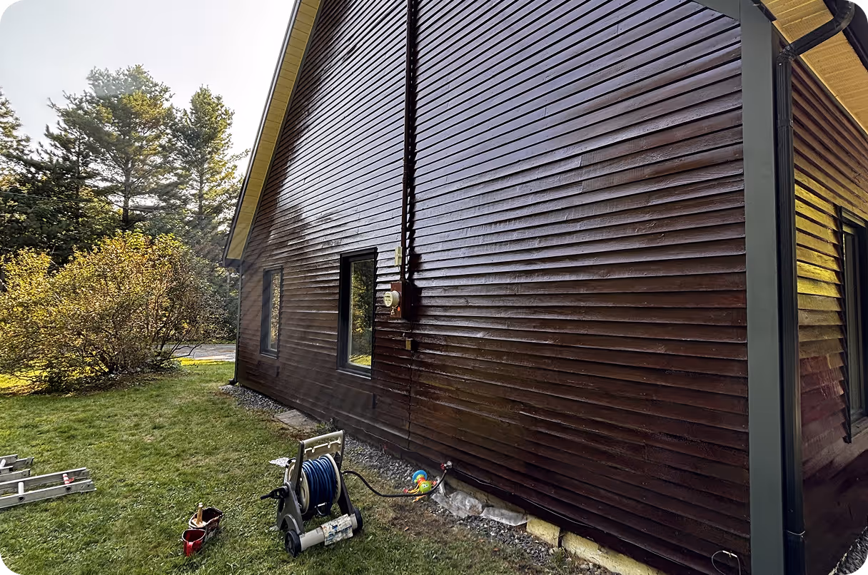 Maison en bois foncé avec deux fenêtres, un tuyau d'arrosage sur roulettes et des outils posés sur une pelouse verte, avec des arbres en arrière-plan.