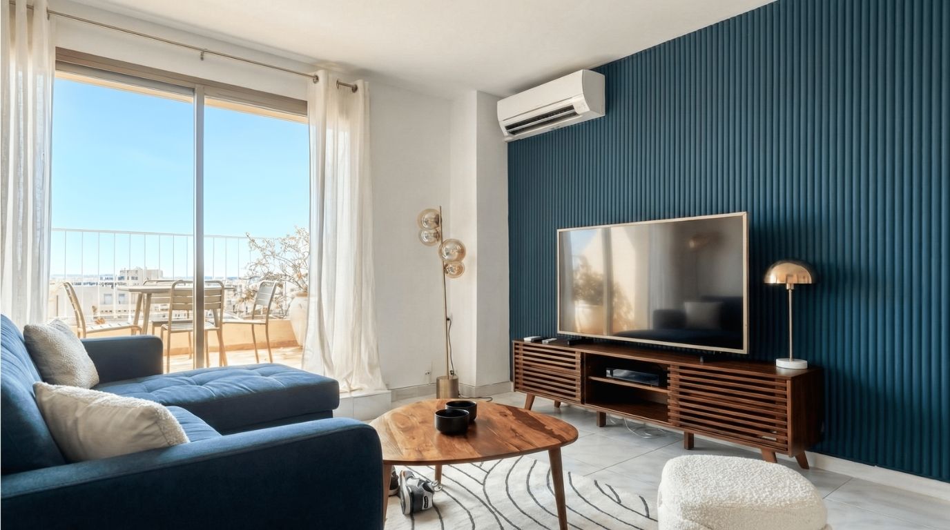 Salon moderne avec canapé bleu, table basse en bois, porte-fenêtre donnant sur un balcon, téléviseur sur meuble en bois et mur bleu texturé.