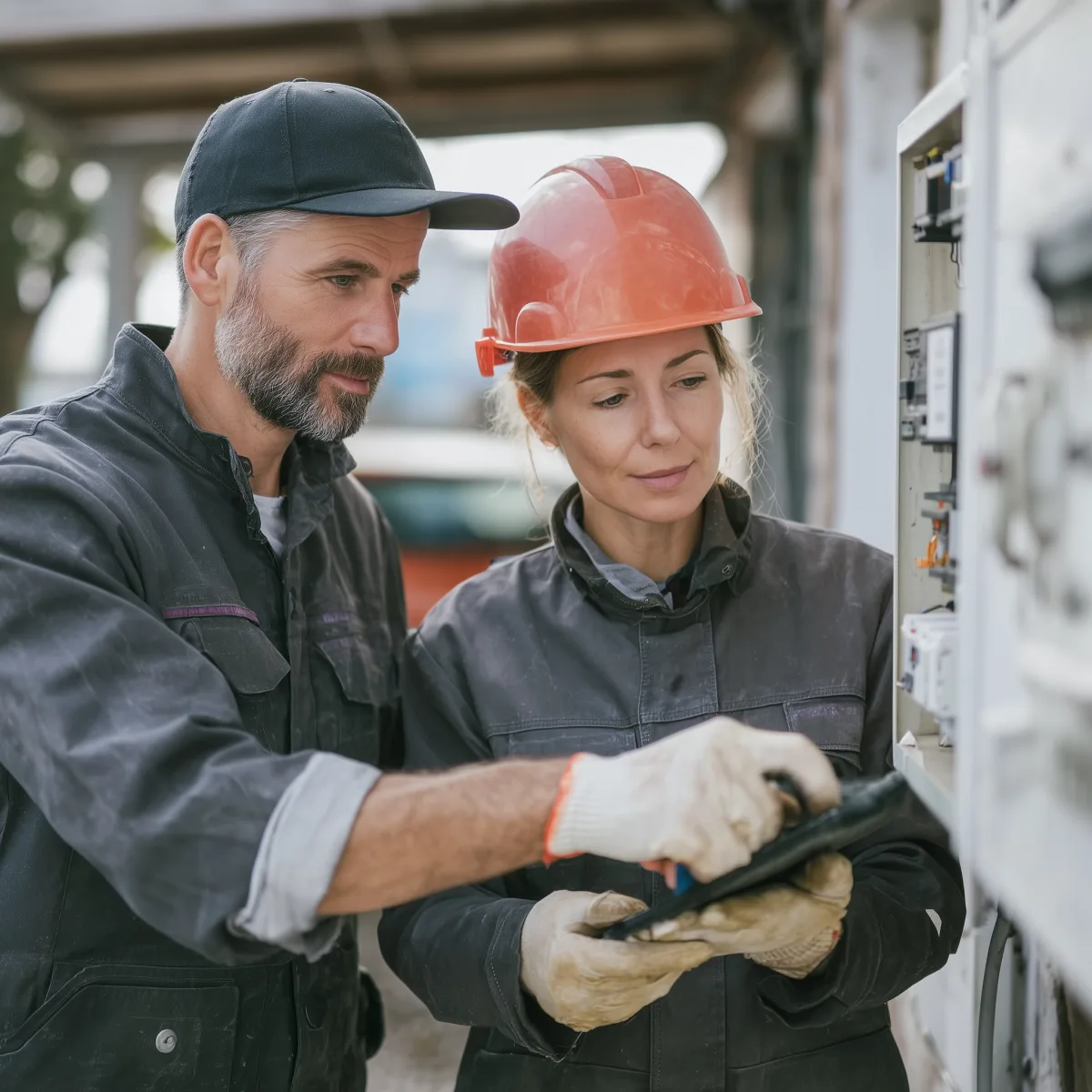 Zwei Handwerker in Schutzkleidung prüfen gemeinsam ein elektrisches Bedienfeld.