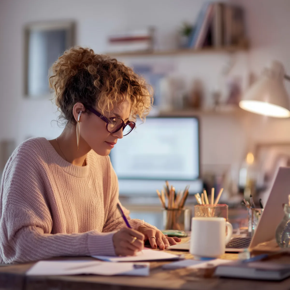 Frau mit lockigem Haar und Brille schreibt an einem Tisch mit Laptop und Tasse in hellem Raum.