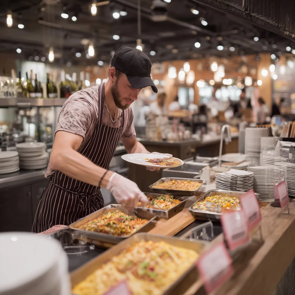 Mann mit Kappe und Schürze serviert Speisen an einem Buffet in einem Restaurant.