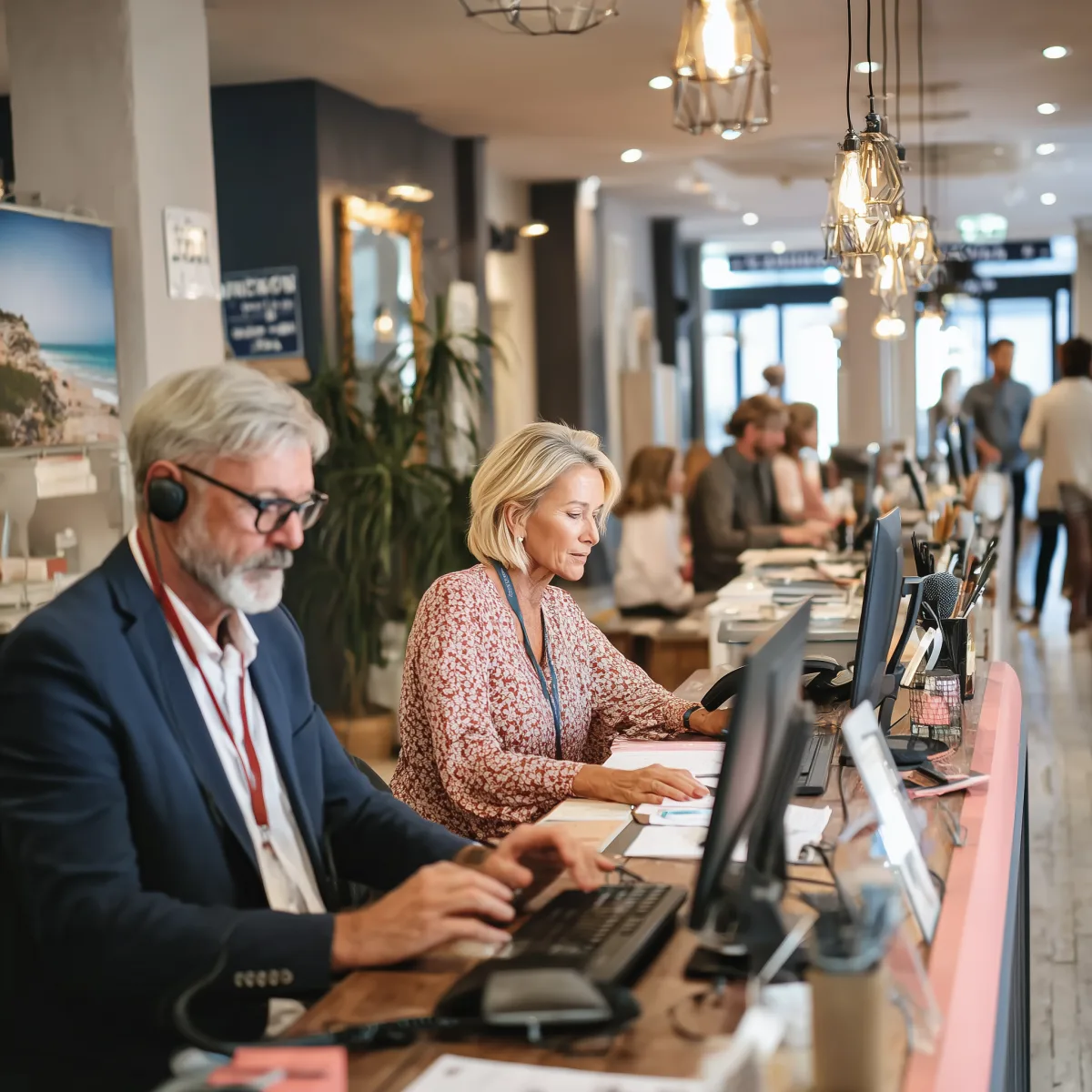Ältere Mitarbeiter arbeiten an Computern in einem modernen, gut beleuchteten Büro.