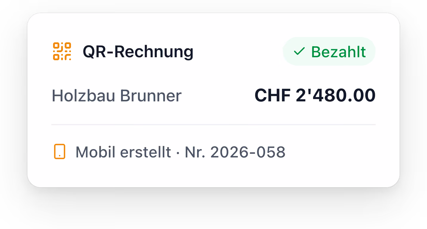 QR-Rechnung von Holzbau Brunner über CHF 2480.00, mobil erstellt, Status bezahlt mit grünem Haken.