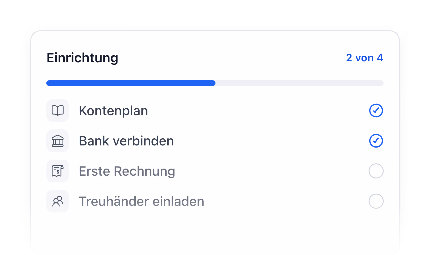 Fortschrittsanzeige einer Einrichtung mit zwei abgeschlossenen Schritten: Kontenplan und Bank verbinden.